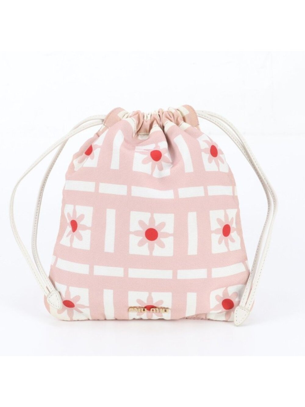 Miu Miu Floral Drawstring Leather Nylon Pouch Pink